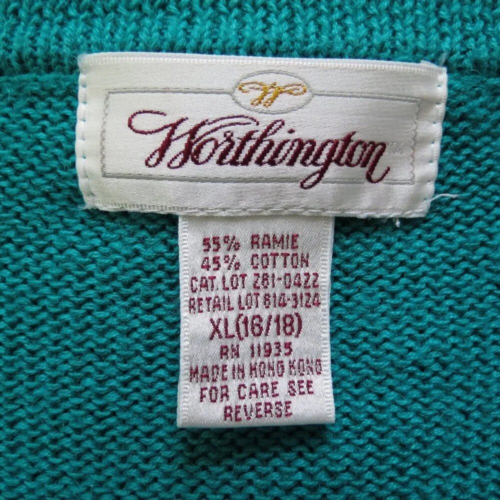 Vintage WORTHINGTON Women's Teal Green Rose Short Sleeve Cardigan Sweater XL